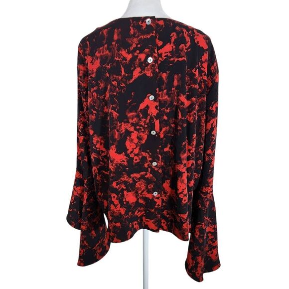 Carmen Marc Valvo Red and Black Print Blouse with Bell Sleeves NWT Size XL - Picture 2 of 9